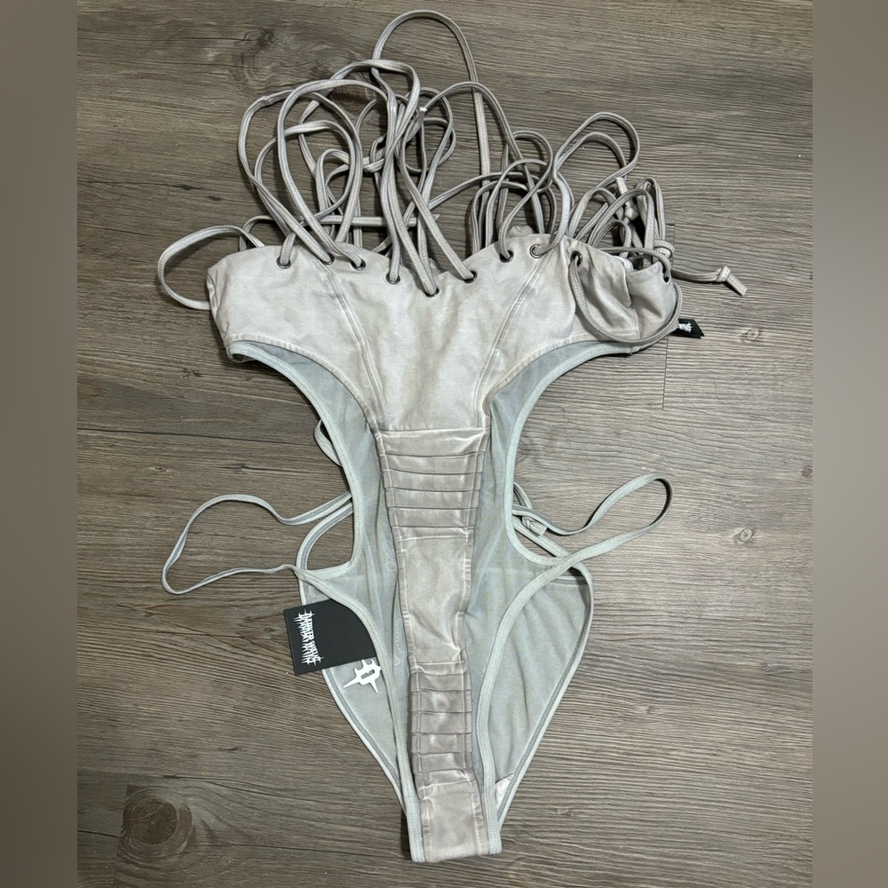 NWT Dolls Kill / Darker Wavs Sand Frequency Strappy Mesh & Jersey Bodysuit